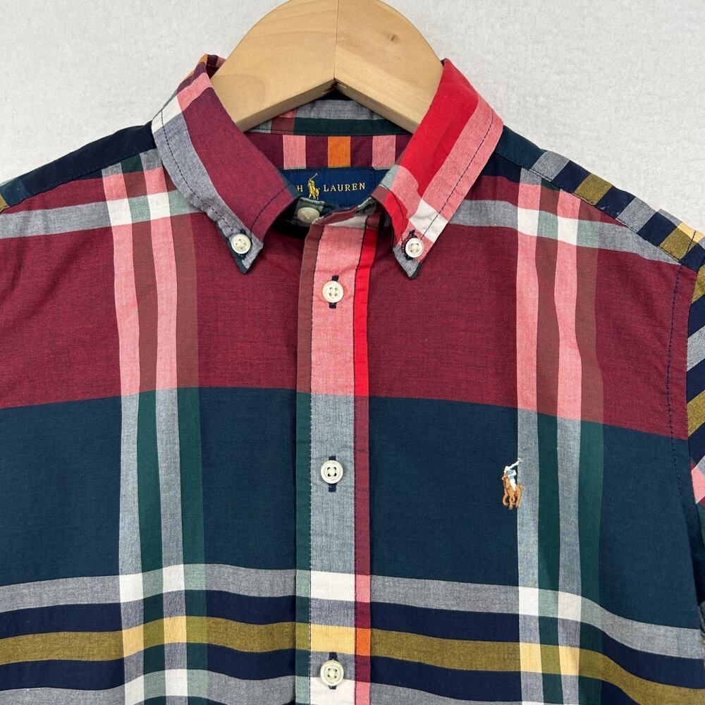 RALPH LAUREN Shirt Youth Boys 7 Natural Stretch Oxford Plaid Tartan Cotton Blue